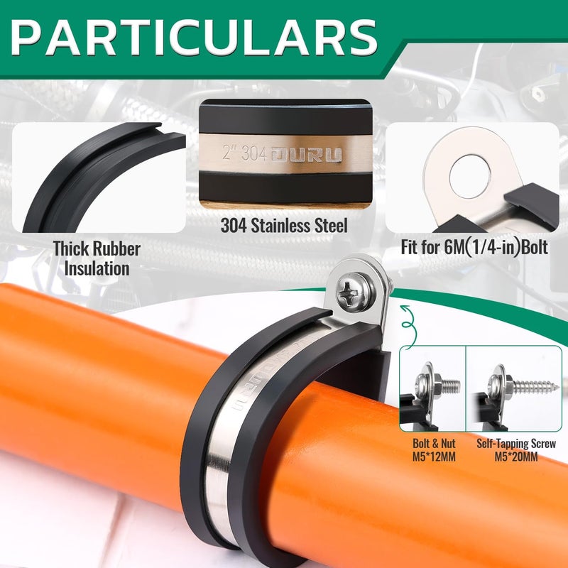 ORU 150PCS Cable Clamps with Screws Assortment Kit 304 Stainless Steel Rubber Coated Cushioned Insulated Wire Pipe Clamps 11 Sizes—3/16" 1/4" 5/16" 3/8" 1/2" 5/8" 3/4" 1" 1-1/4" 1-1/2" 1-3/4" - Image 3
